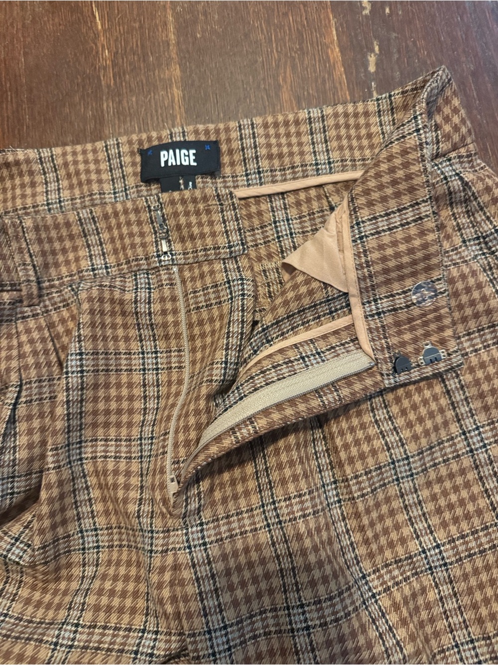 PAIGE Brown Tan Plaid Wide-Leg Trousers - Picture 3 of 4